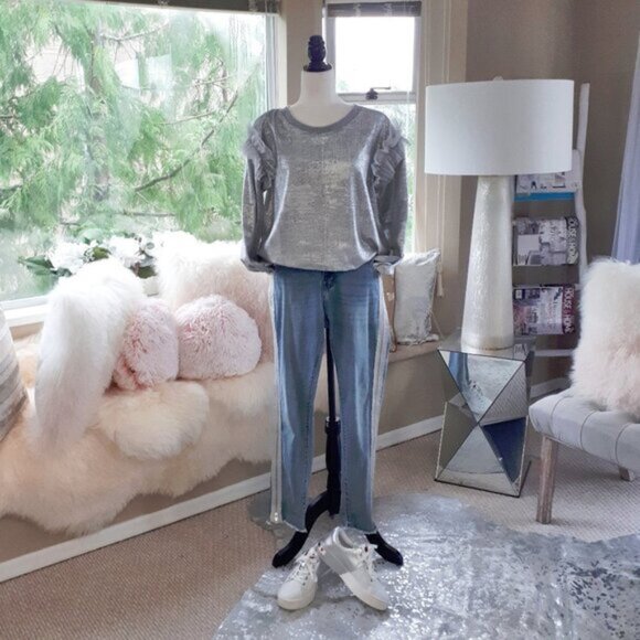 NWT Piazza Del Tempio silver foil ruffle tulle accent sweatshirt, L - Picture 2 of 7